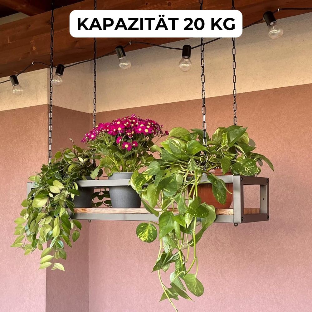 YELLOO - Plant Shelf Indoor Outdoor, Balcony Decor, Metal Flower Stand Hanging Shelf with Chains for Garden, Ideal for Outdoor Planters (FLOWERS 115 cm, Brown/Walnut)