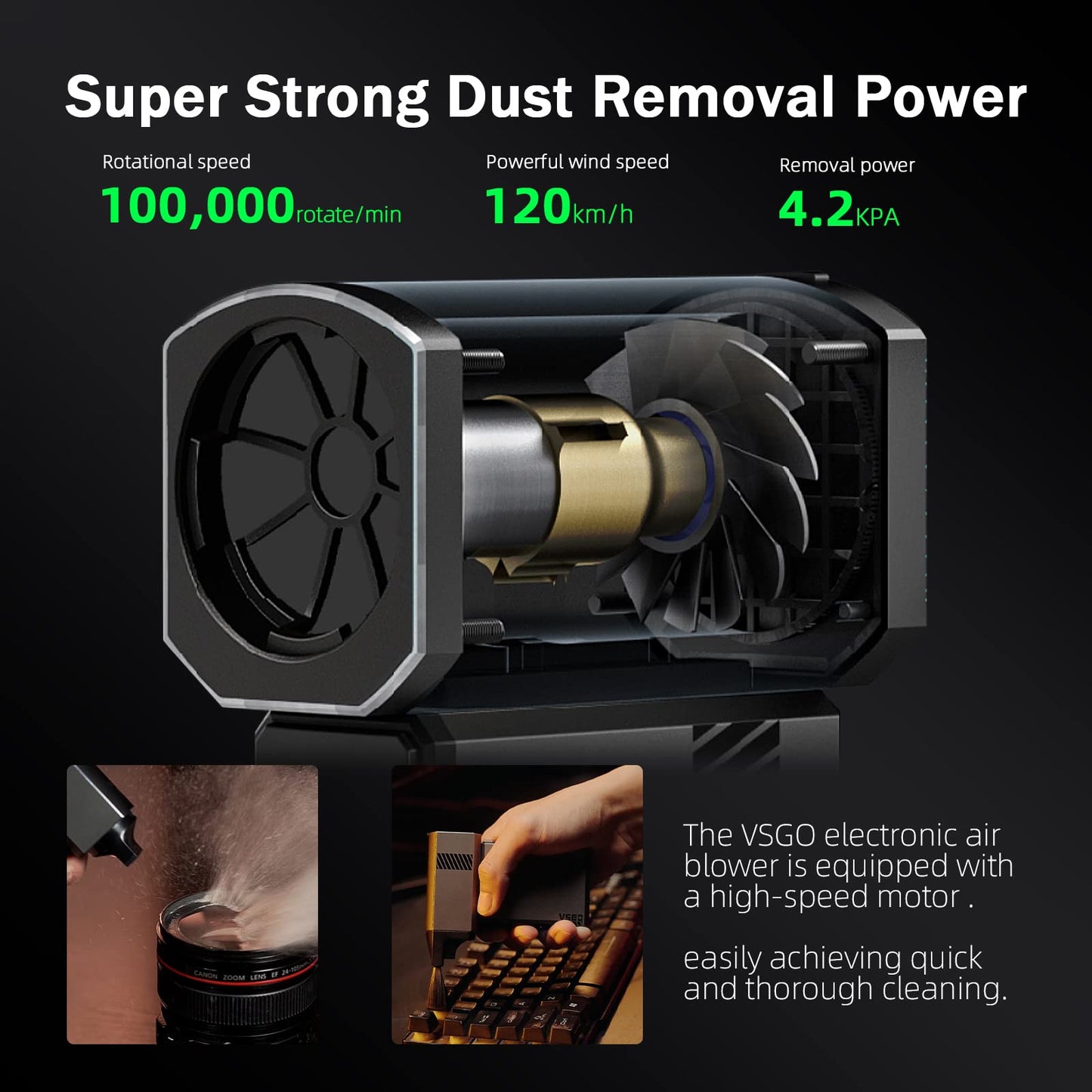 VSGO Electric Air Blower for camera and lenses, keyboards, and other electronic device cleaning. 100,000 RPM high-speed motor, 120 km/h wind speed.