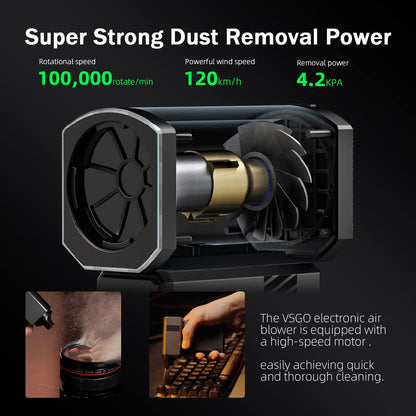 VSGO Electric Air Blower for camera and lenses, keyboards, and other electronic device cleaning. 100,000 RPM high-speed motor, 120 km/h wind speed.