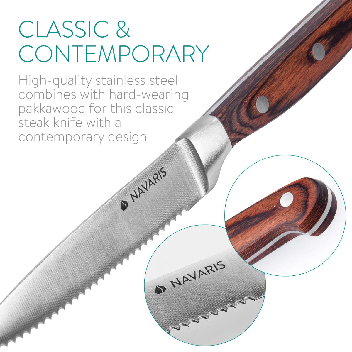 Navaris 6x Steak Knife Set with Wood Handle - Cutlery Knife 6-piece Set - Cutlery Set made of Stainless Steel and Wood with Gift Box - Serrated Edge Steak Cutlery