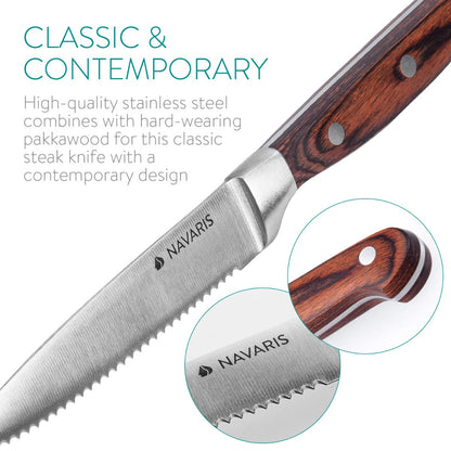 Navaris 6x Steak Knife Set with Wood Handle - Cutlery Knife 6-piece Set - Cutlery Set made of Stainless Steel and Wood with Gift Box - Serrated Edge Steak Cutlery