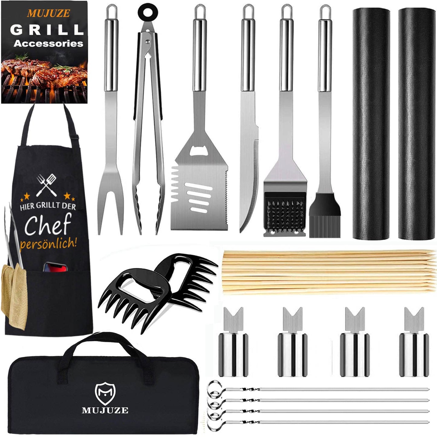 MUJUZE BBQ Accessory Set, Grill Set for Men Dad Gift, Stainless Steel Grill Tool Set in Case, Gas Grill Accessory Set, BBQ Accessories for Garden and Camping (BBQ Set with Grilling Apron)