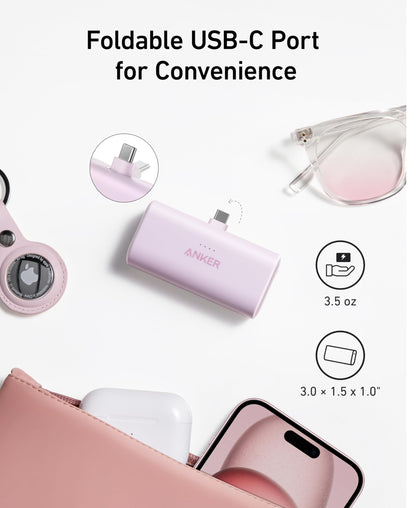 Anchor Nano Powerbank, 5000mAh Powerbank 22.5W, Integrated Foldable USB-C Connector, Compatible with iPhone 17/16/15, Samsung S22/23 Series, Note20 Series, Huawei, iPad Pro/Air, AirPods, and more.