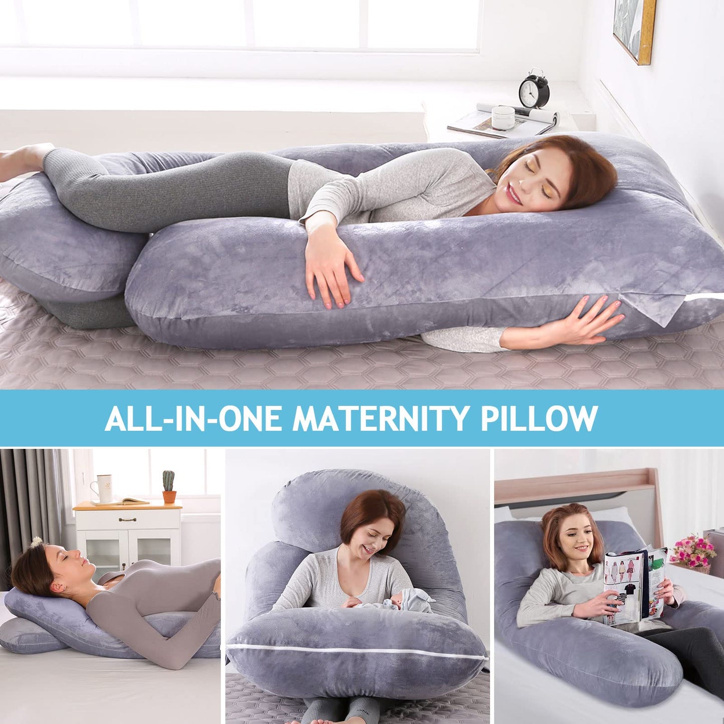 ShowyLive Pregnancy Pillow Nursing Pillow XXL Side Sleeper Pillow with Washable Cover for Pregnant Women and Anyone with Hip or Back Pain (145x70cm, Gray)