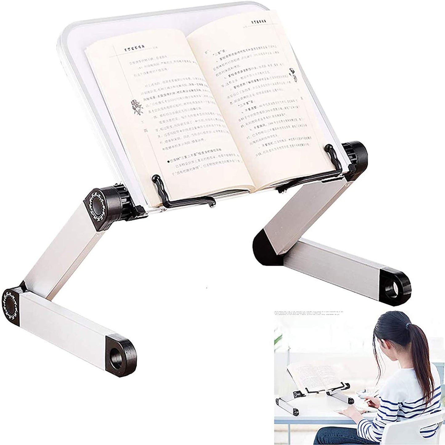 Adjustable Ergonomic Book Stand with Office Clips for textbooks, music books, tablets, notebooks, recipe books, and more.