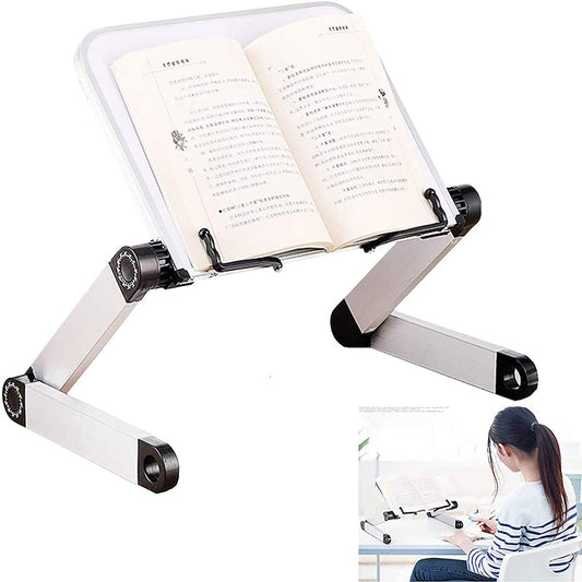 Adjustable Ergonomic Book Stand with Office Clips for textbooks, music books, tablets, notebooks, recipe books, and more.