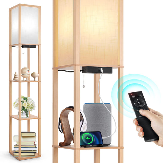 OUTON Floor Lamp Shelf with Remote Control, Dimmable & 4 Color Temperature Adjustable, 1H Timer, LED Floor Lamp with 2 USB Ports, Floor Lamps with Lampshade for Living Room, Bedroom, Office, Wood