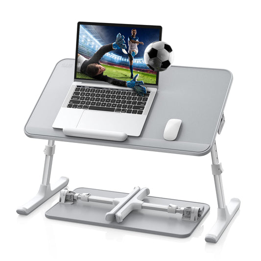 SAIJI Laptop Bed Table, adjustable height, tilt angle, foldable legs, sled feet, PVC leather tabletop, compatible with laptops up to 17 inches (Gray, 52*30cm).