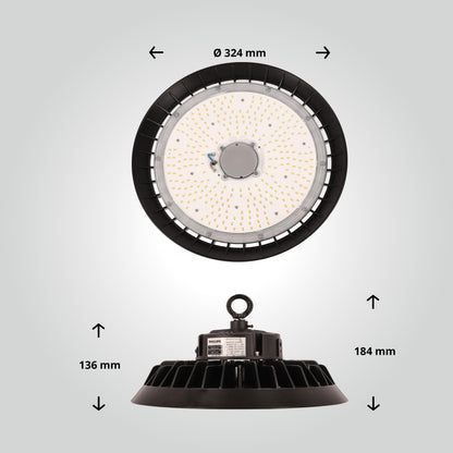 200W LED high bay warehouse luminaire with PREMIUM brand driver dimmable (1-10V) daylight white 6000K 30,000lm 150lm/W 120° IP65 UFO industrial lamp workshop lighting Ø324xH136mm 5-year warranty