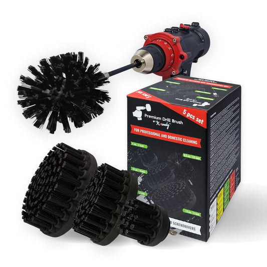 Kornely Premium Drill Brush Professional - Ultra Hard 5 Piece Set (13/10/8.5/5cm Brushes + 15cm Extension) | Scratch-Free Cleaning Brush for Concrete, Grill, Stone, Brick, Exterior Tiles