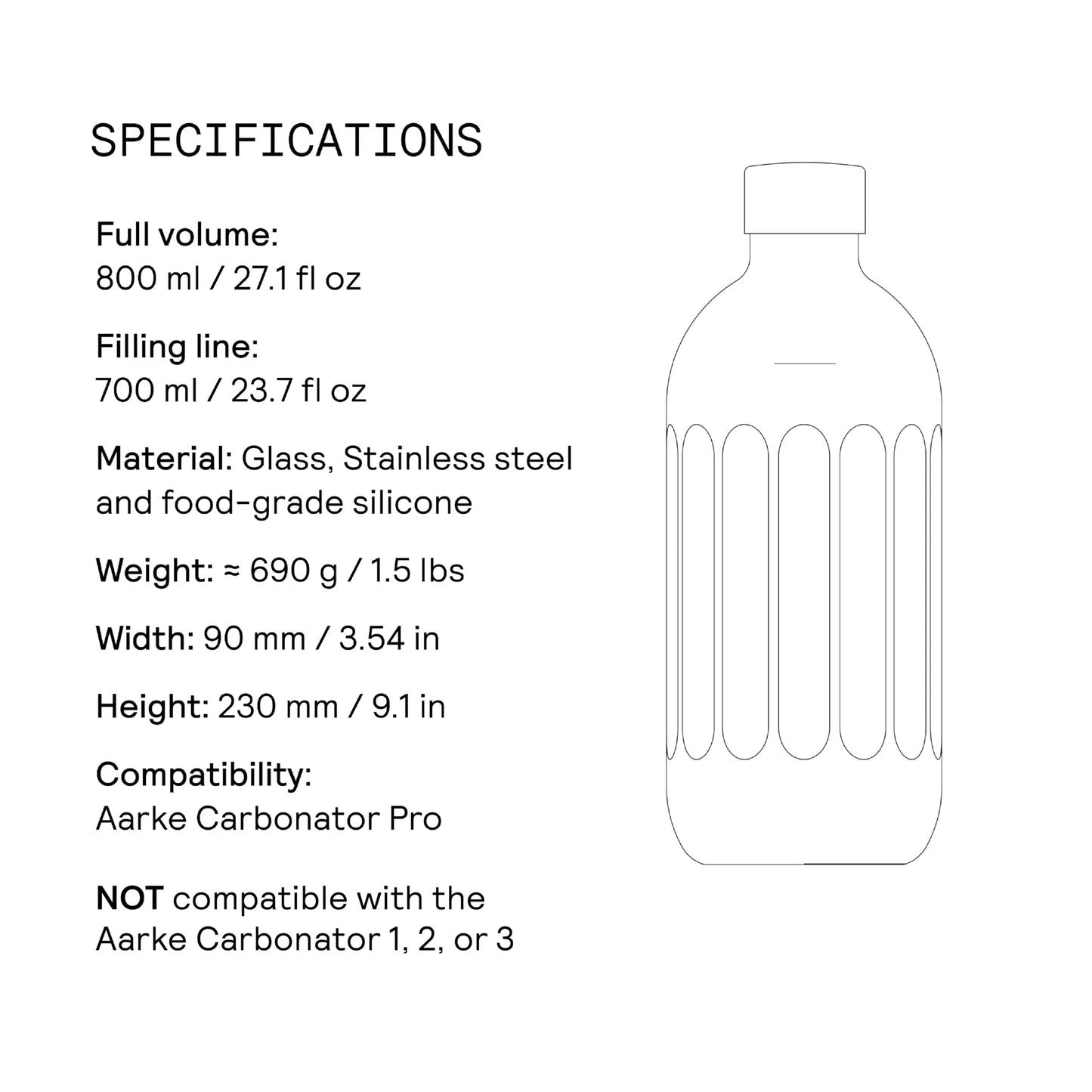 Aarke glass bottle [only compatible with Carbonator PRO] for water carbonator Carbonator Pro, dishwasher safe, with details in stainless steel.