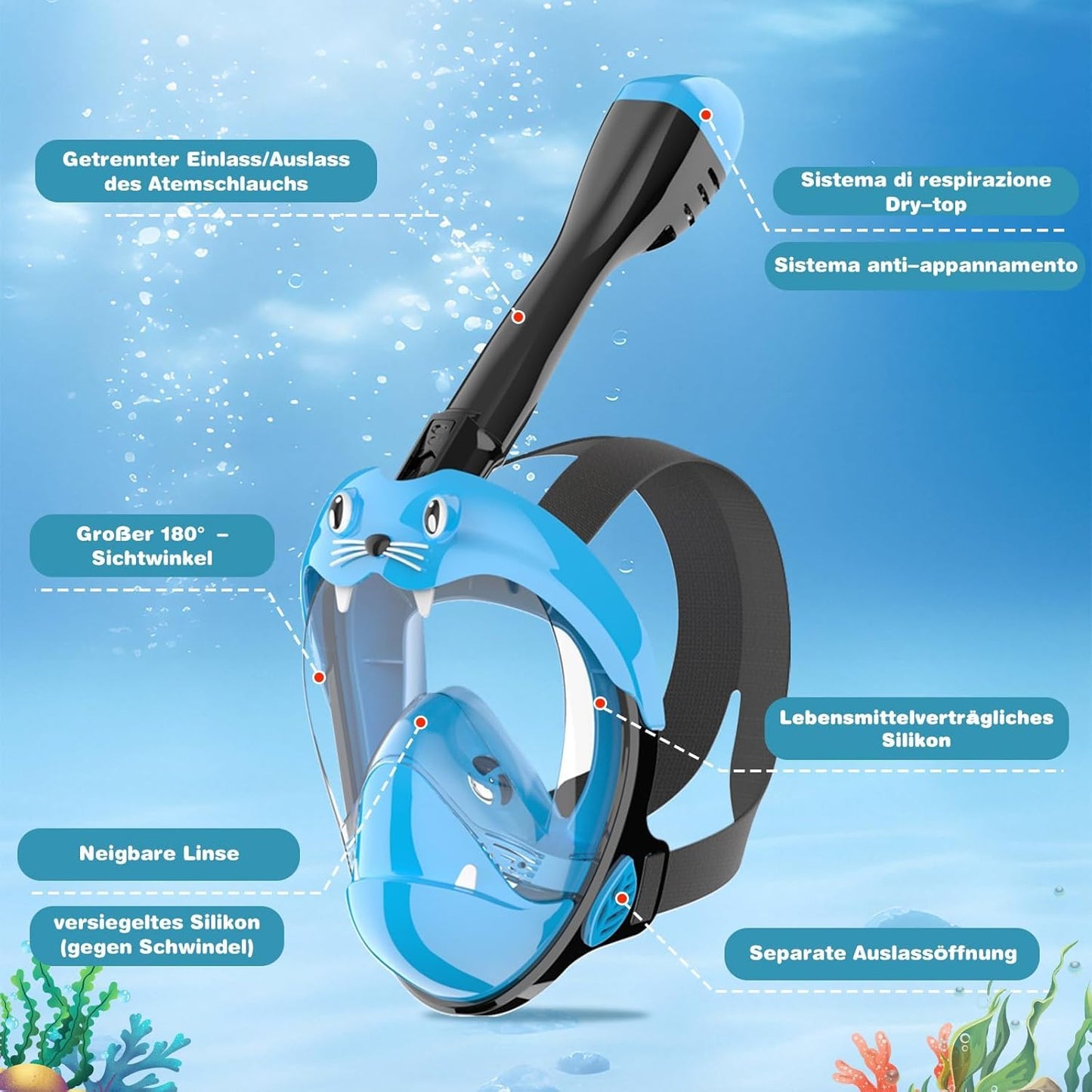 Kids full face snorkel mask - CO2 safe diving mask for ages 6 and up with anti-fog, anti-leak, 180° panoramic view. Includes silicone & carrying bag. (Blue, XS)