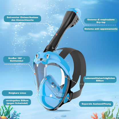 Kids full face snorkel mask - CO2 safe diving mask for ages 6 and up with anti-fog, anti-leak, 180° panoramic view. Includes silicone & carrying bag. (Blue, XS)