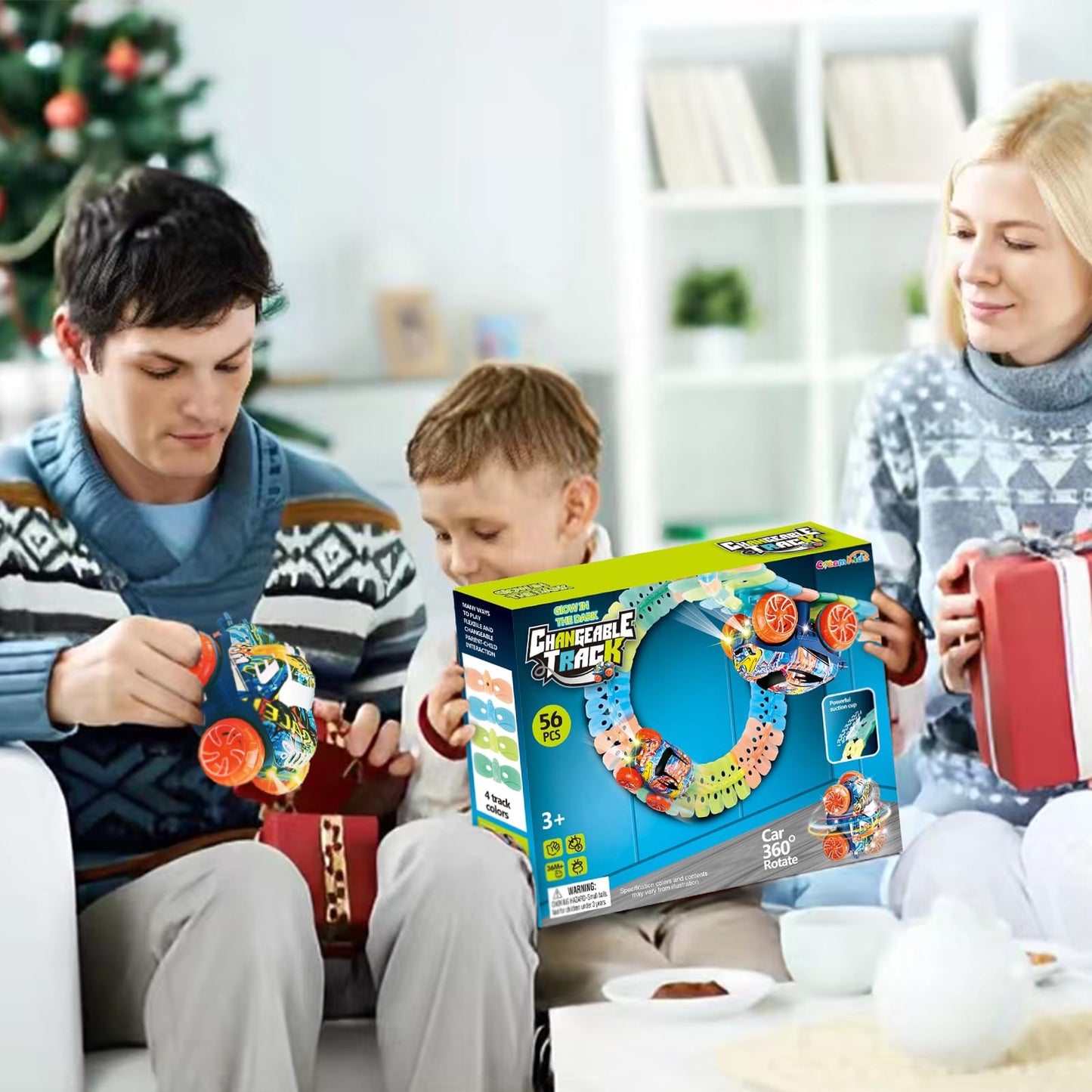 CREAMKIDS Racing Track Car Toy Set,Slot Car Racing Tracks,360° Rotation Race Car with Lights,Flexible Wall Crawling Race Track,Christmas Birthday Gift Toy for Kids 4-12 (60 pieces)