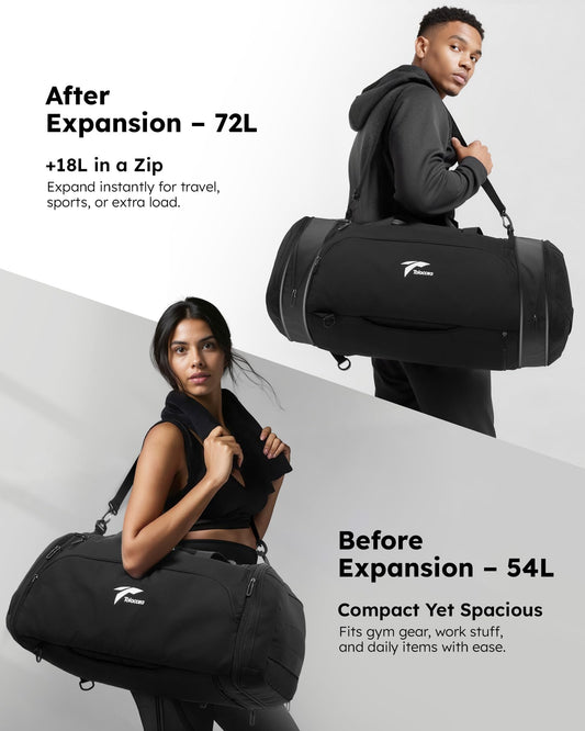 Tolaccea 54L-72L Expandable Sports Bag for Men, Women, Large Travel Backpack with Shoe Compartment, Fitness Training Bag for Gym, Travel, Swimming, Sauna, Soccer (Black)