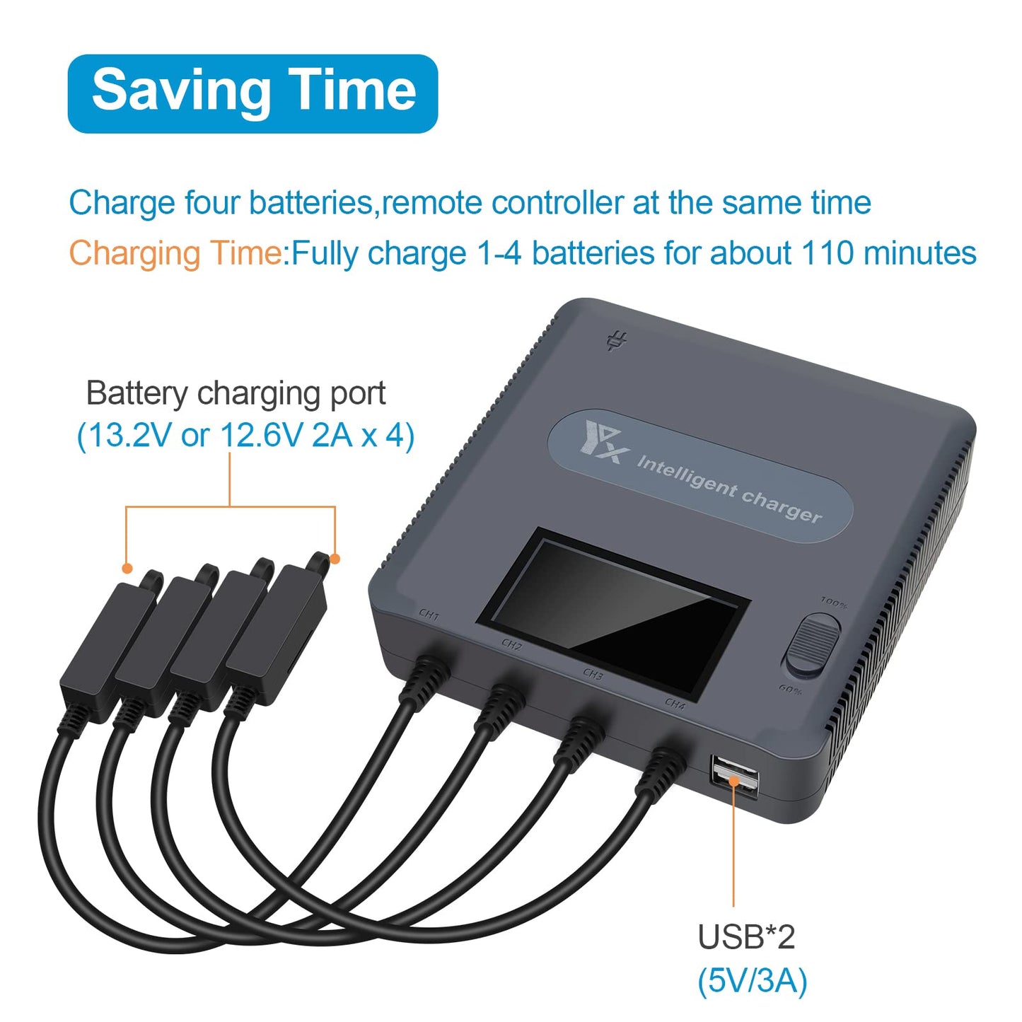 LYONGTECH LCD display battery charger for DJI Air 2S, Mavic Air 2 drone, charges 4 batteries and 2 USB ports simultaneously, 6 in 1 parallel battery charging station hub accessory.
