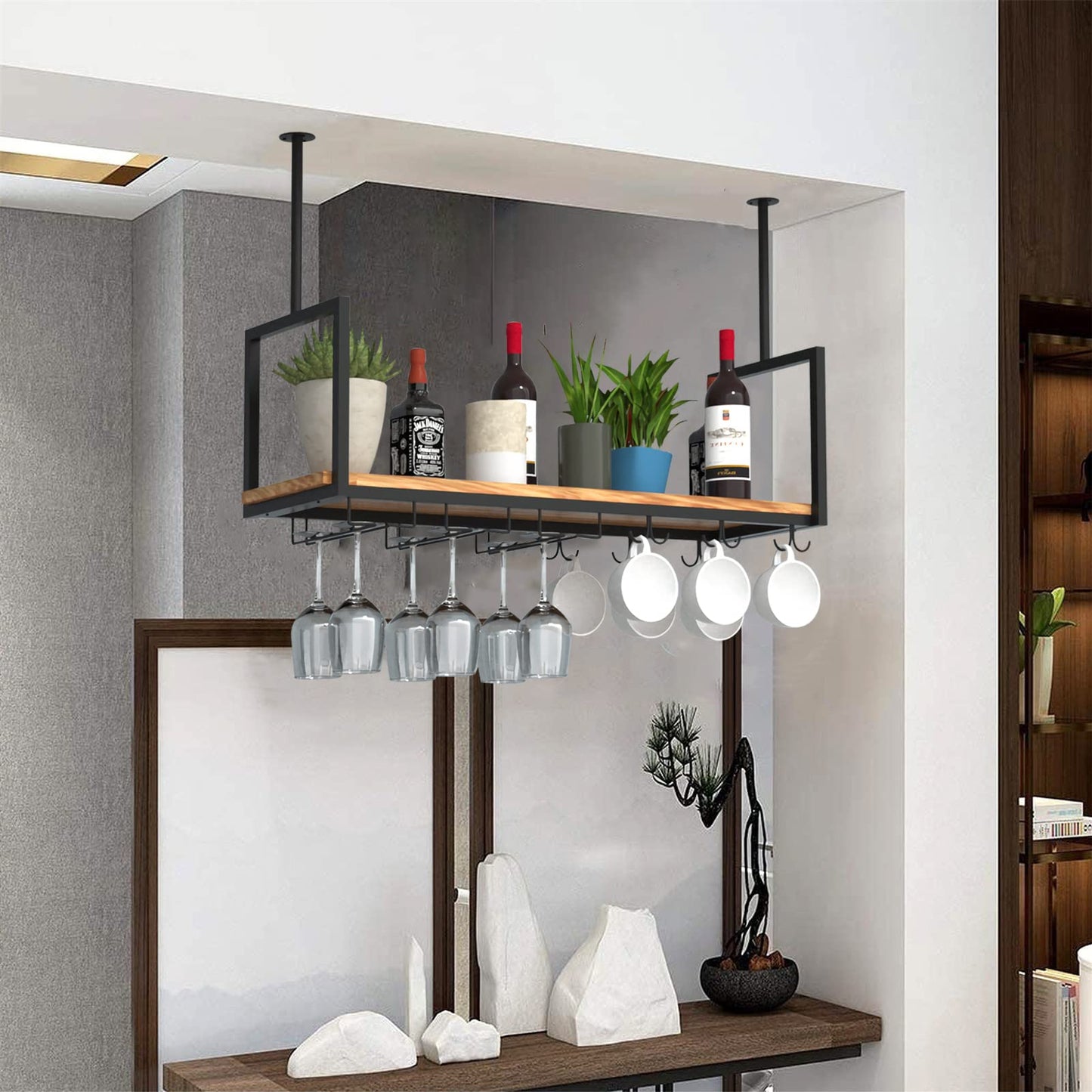 DSVONAUS Hanging Wine Rack and Wine Glass Holder - 120cm metal wine rack with 2 types of glass holder, ceiling-mounted wine glass rack, bottle holder, perfect for bar-cafe-kitchen (120x30x60cm)