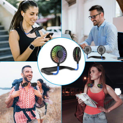Ultra-light neck fan, USB neck fan, neck fan, quiet, 3 speeds, LED light, portable neck fan for outdoor, indoor, camping, travel, sports - black & blue.