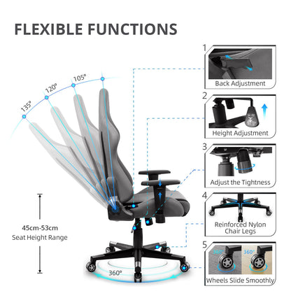 IntimaTe WM Heart Gaming Chair, Ergonomic Fabric Gamer Chair, Racing Office Chair with Adjustable Armrests, Computer Chair with Lumbar Pillow, Padded, Swivel Chair Rocking Function Gray