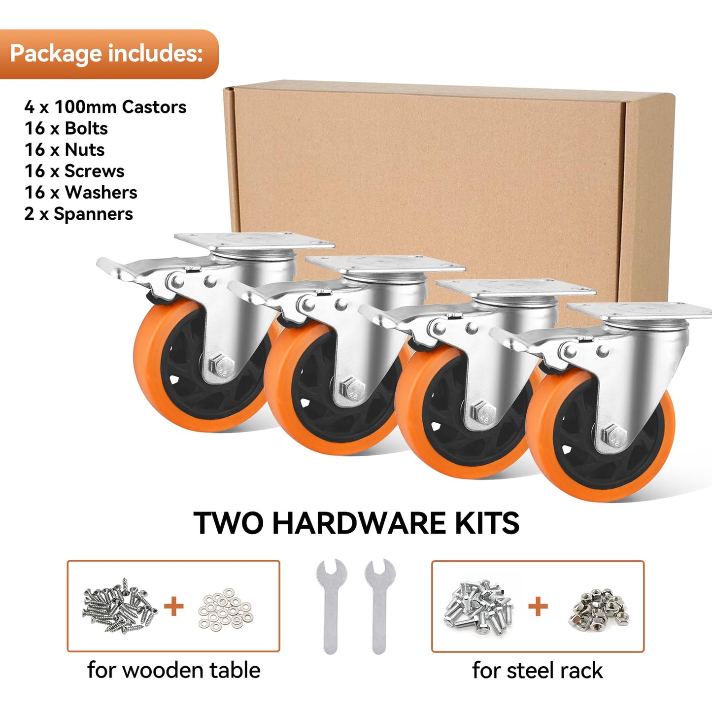 BAOLIHUI 4-Pack Furniture Casters 100MM Casters with Brake 600KG Heavy Duty Casters Furniture Transport Rollers Workbench Tool Cart Pallets Orange