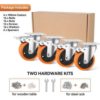 BAOLIHUI 4-Pack Furniture Casters 100MM Casters with Brake 600KG Heavy Duty Casters Furniture Transport Rollers Workbench Tool Cart Pallets Orange