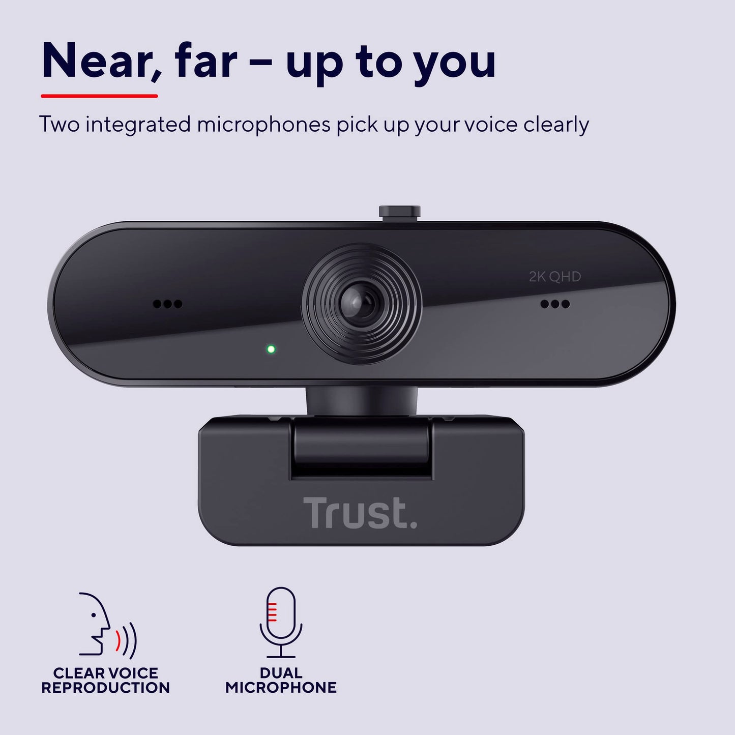 Trust Taxon 2K QHD Webcam made of 85% recycled plastic, 2560x1440p USB camera for PC with cover, autofocus, wide angle, 2 microphones, video camera for conferences, video calls, Skype, Teams, Zoom