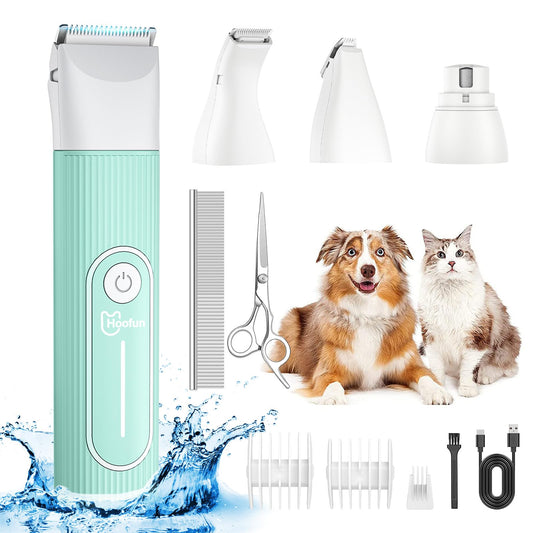 4 in 1 Quiet Dog Clipper for Poodles: IPX7 Waterproof Small Dog Hair Clipper with 4 Sizes Trimmer Head, Rechargeable Paw Clipper for Cats, Eyes (Blue)