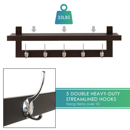 SMIBUY Coat Rack with Shelf Wall Mounted, 74 cm Entryway Organizer for Wall, Bamboo Hanging Shelf with 5 Double Metal Hooks for Bathroom, Bedroom, Kitchen (Dark Brown)