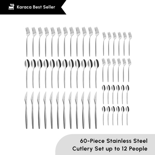 Karaca Lisbon Cutlery Set With Box Set 60 Pieces, For 12 People, 18/10 Stainless Steel Cutlery Set, Dishwasher Safe, Perfect For Daily Use, Premium Quality