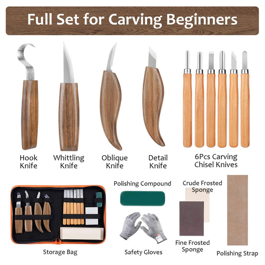 Mumisuto 15-piece wood carving knife set with 4 large wood carving knives & 6 detail knives & cut-resistant gloves, Carving DIY carving tool for beginners/professionals.