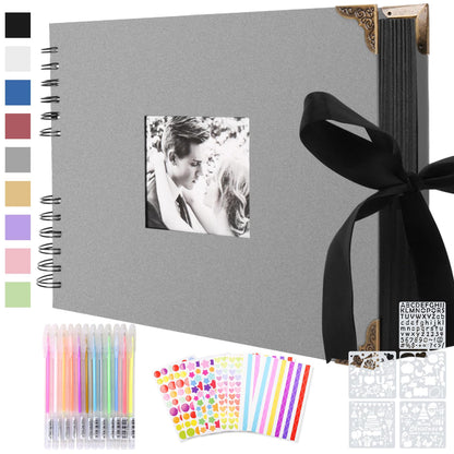 Photo album for self-design, scrapbook with 80 black pages for pasting photos, DIY gift scrapbooking set for baby family anniversary birthday valentine's day wedding with protective cones gray.