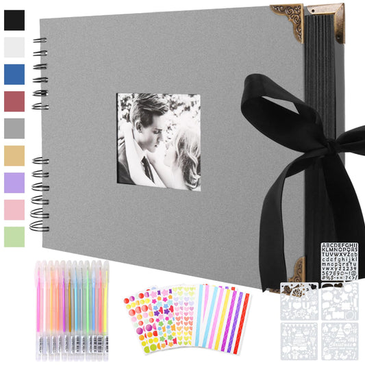 Photo album for self-design, scrapbook with 80 black pages for pasting photos, DIY gift scrapbooking set for baby family anniversary birthday valentine's day wedding with protective cones gray.