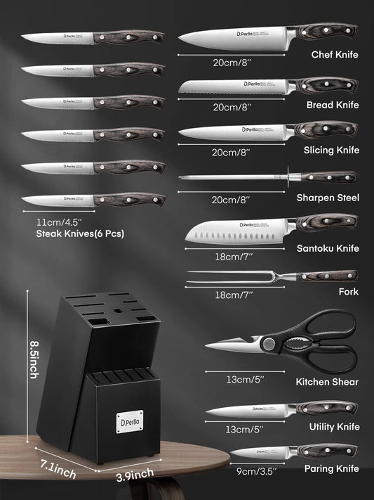D.Perlla knife block, 16-piece knife set with wooden handles, stainless steel kitchen knives set with wooden block, professional chef's knives with sharpening steel, black. Perfect gift for Mother's Day.