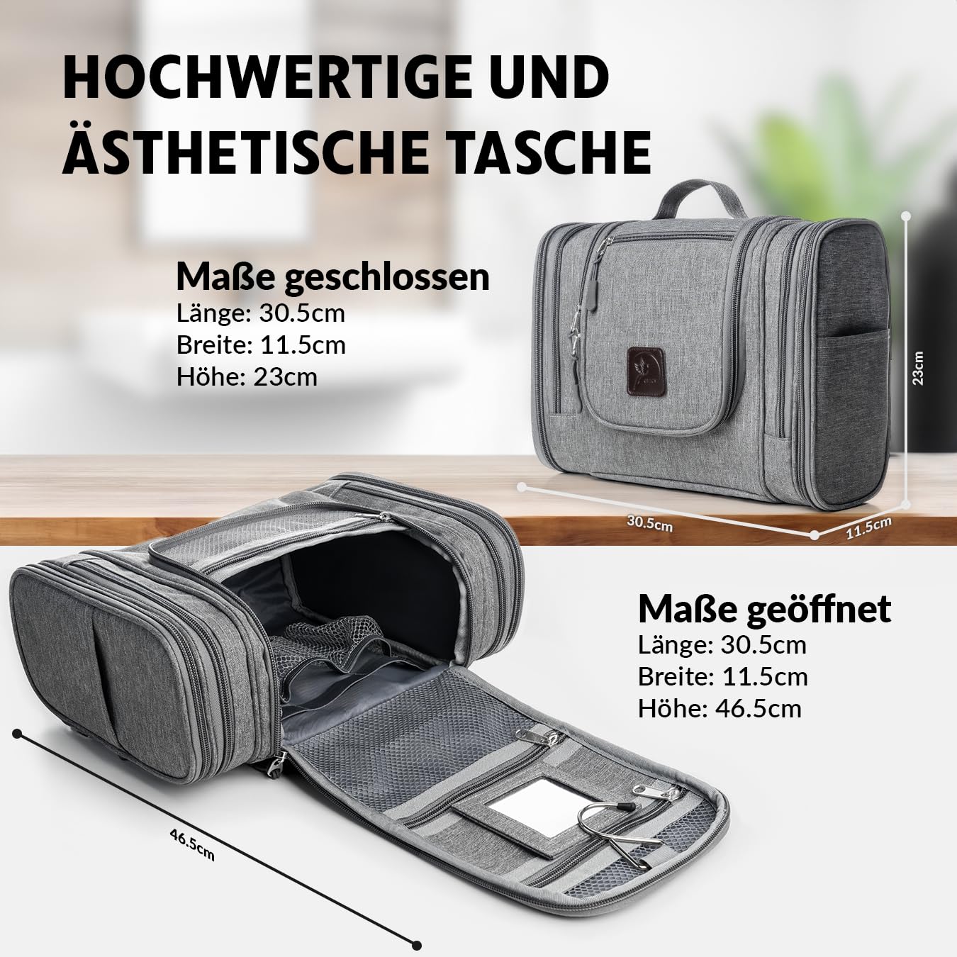 Obics toiletry bag men & women large grey 8L XL - toiletry bag with mirror & hanging hook - bathroom bag with handle - cosmetic bag large - travel toiletry bag 10 compartments for camping travel