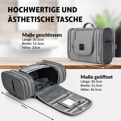 Obics toiletry bag men & women large grey 8L XL - toiletry bag with mirror & hanging hook - bathroom bag with handle - cosmetic bag large - travel toiletry bag 10 compartments for camping travel