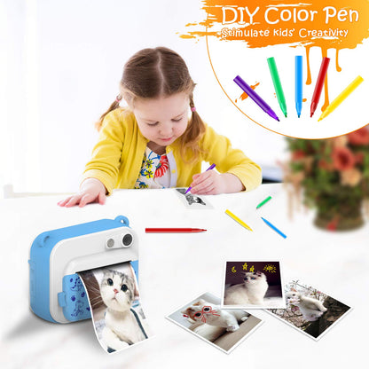 Kids Camera- Digital Camera Instant Print Camera 1080P 2.4 Inch Screen Video Camera Black and White Photo Camera with 32GB Card, 3 rolls printing paper, 5 color brush pens Gift for Children 3-12 Years