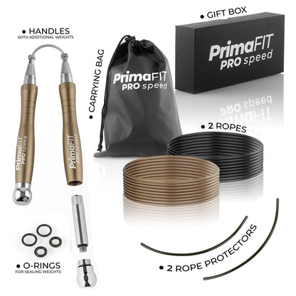 PrimaFIT Adult Fitness Pro Speed Jump Rope 3m Adjustable with Weights, 2 Ball Bearings & Anti-Slip Handles, Professional Skipping for Boxing, MMA, Crossfit. Extra Steel Cable and Bag included.