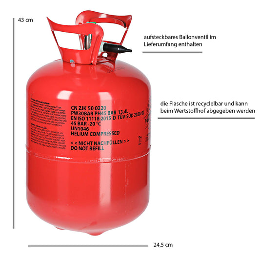 Helium balloon gas for 50 balloons | Helium tank gas filling foil | balloons | Party Factory helium gas for weddings (1 x balloon gas 50)