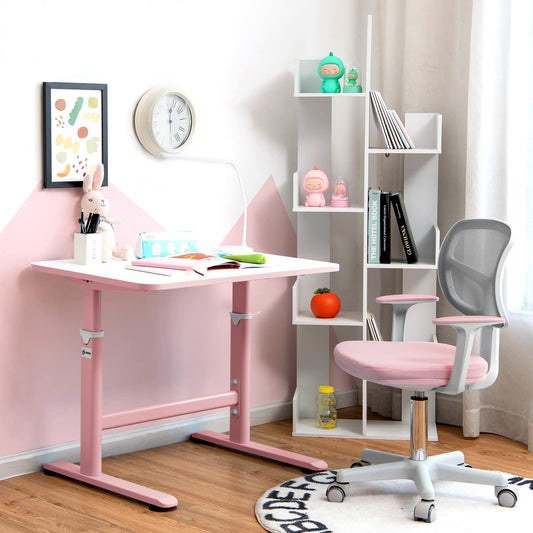 COSTWAY 360° Rotatable Kids Desk Chair, 80-91.5 cm Height Adjustable Youth Chair with Backrest & Armrests, Computer Chair with 5 Wheels for Children aged 3-10 years old (Pink)