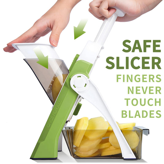ONCE FOR ALL Vegetable slicer with collecting container, vegetable slicer ideal for cutting fries & potatoes, onion slicer cucumber slicer - dice slicer, julienne slicer.