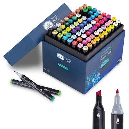 Artina 80pc Marker Set Markilo MD with 3mm & 6mm tips - waterproof permanent markers with intense & highly pigmented colors, felt tip set with 2 tips for scrapbooking, bullet journaling, manga.