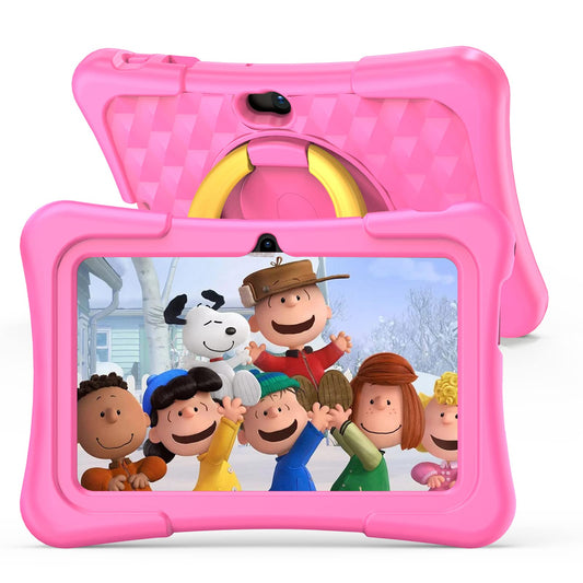 PRITOM 7-inch Android tablet with Quad Core, 2GB RAM, 32GB ROM, Bluetooth, WiFi, dual cameras, educational games, child lock, pre-installed kids software, and a kids tablet case. Type C charging port. Color: Pink.