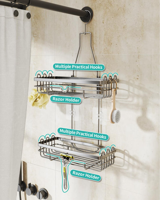 HapiRm hanging shower caddy with multiple hooks - high-quality stainless steel hanging shower shelf without drilling, silver color.