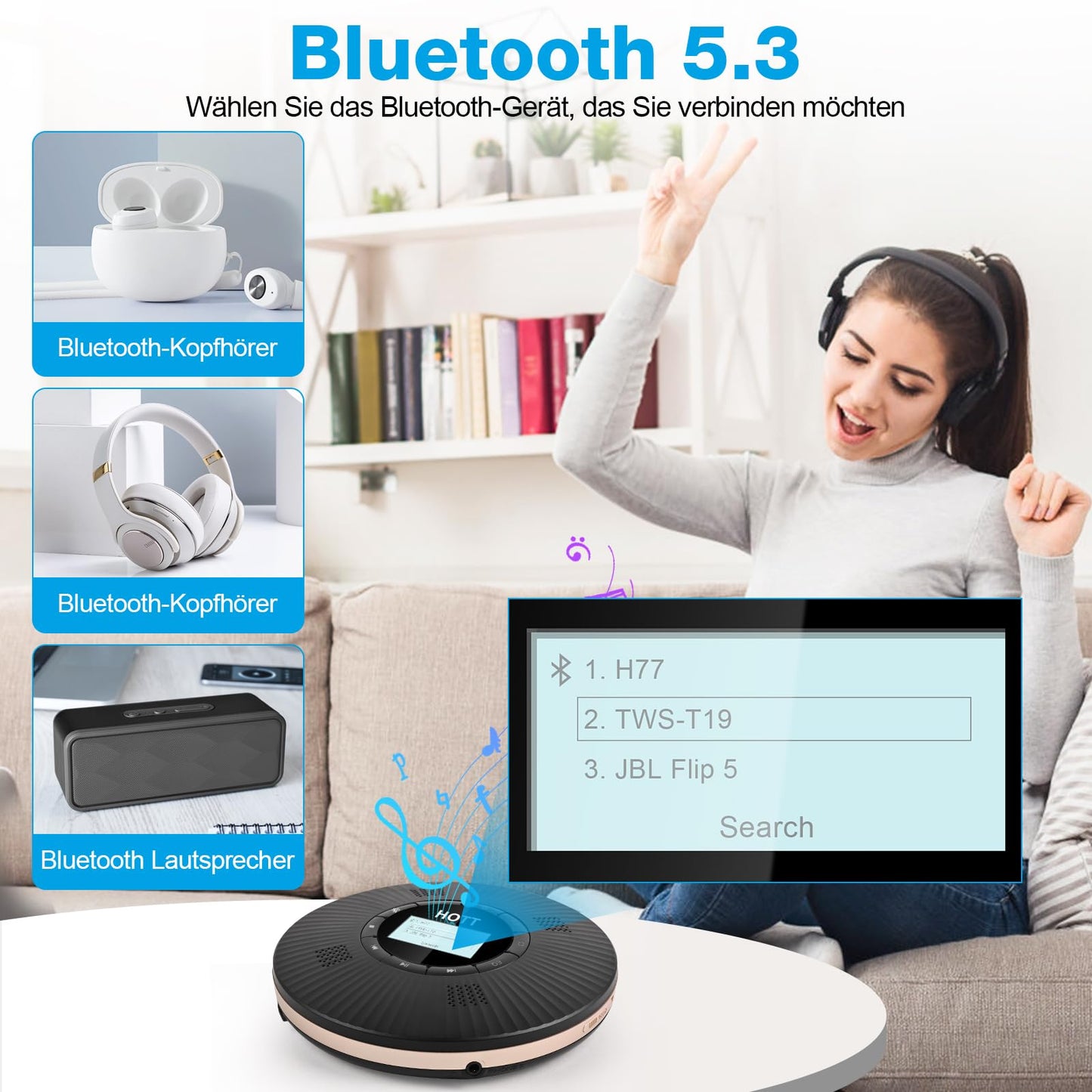 HOTT Portable Bluetooth CD Player with 4 Speakers and FM Transmitter, Anti-Skip Portable CD Player, 1800mAh Rechargeable Small with Headphones for Car, Home.