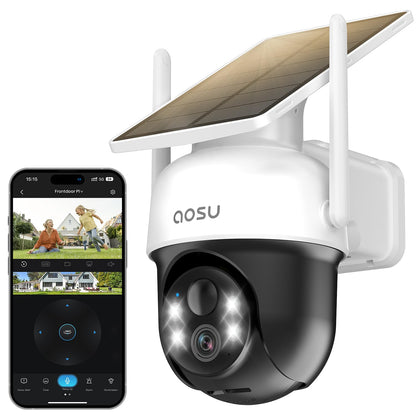 AOSU 2K Outdoor Surveillance Camera with Solar Battery 3MP [360° PTZ Panorama, Integrated Solar Panel] Wireless PIR Motion Detection Automatic Tracking Color Night Vision Sound & Light Alarm 2-Way Audio