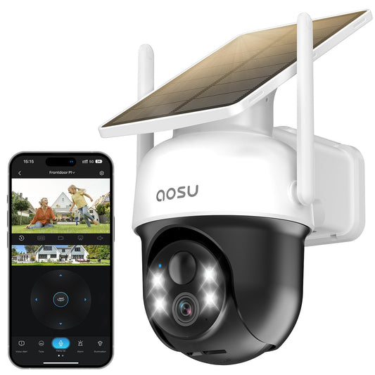 AOSU 2K Outdoor Surveillance Camera with Solar Battery 3MP [360° PTZ Panorama, Integrated Solar Panel] Wireless PIR Motion Detection Automatic Tracking Color Night Vision Sound & Light Alarm 2-Way Audio