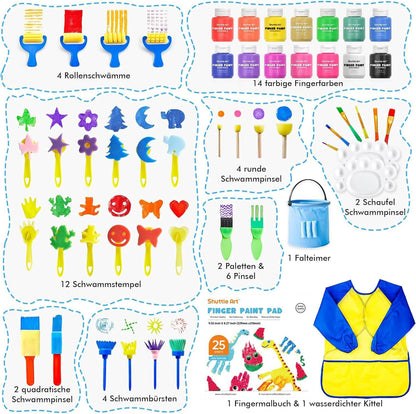 Shuttle Art 53-piece finger paint kids non-toxic craft set with 14 colors (60ml each) finger paints for kids, brushes, finger paint coloring book, sponge, sponge spatula, palette, painting set for kids.