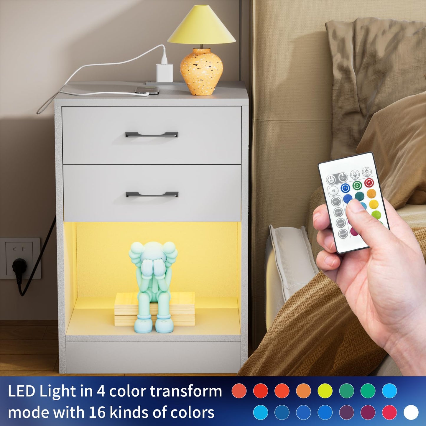 PIPIPOXER nightstand with socket & USB, bedside table LED with 2 drawers nightstand for living room, bedroom bed 40x35x60cm White