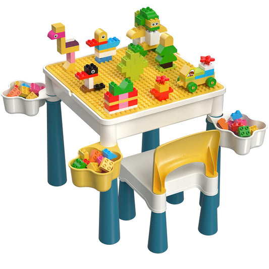 burgkidz Kids Table with Chairs, Children's Play Table with 1 Chair and 130 Large Building Blocks, Creative Construction Toy for Boys and Girls from 2 Years, Macaron.