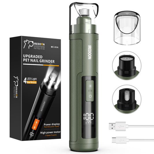IREDOON Professional Dog Nail Grinder 3-Speed with 4 LED lights - Latest Nail Grinder with Power Indicator for Pets, Super Quiet, Rechargeable for Large, Medium, and Small Dogs